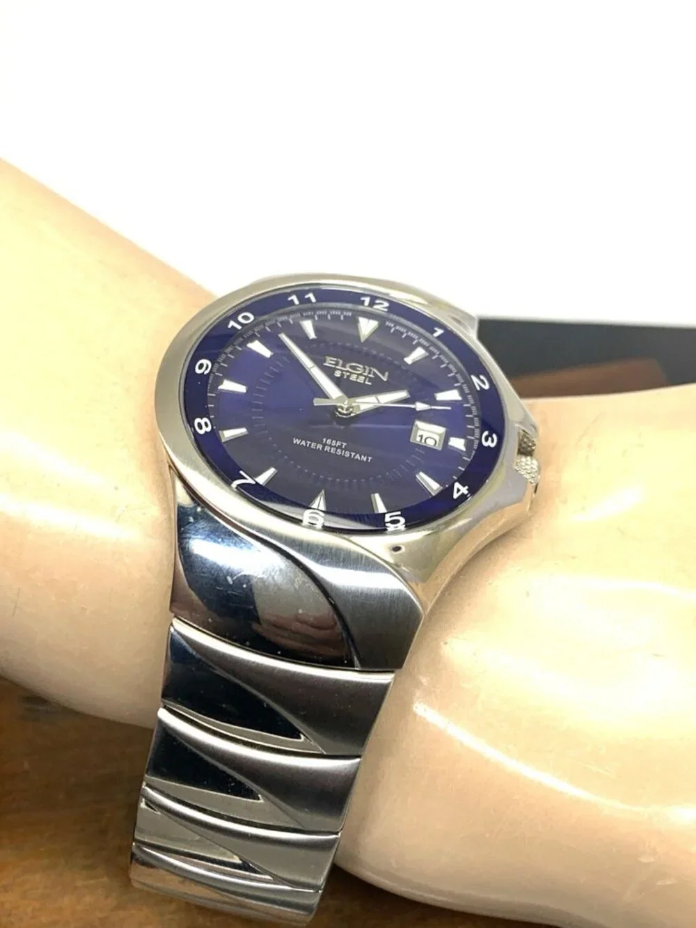 Elgin Men's Watch FG052 Quartz Blue Dial Date Silver Stainless Steel 41mm